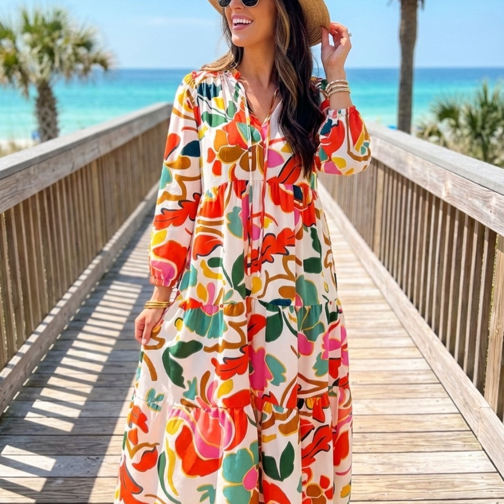 Lovesoft Orange Floral Print Split Vneck Tiered Maxi Dress - Picture 2 of 7